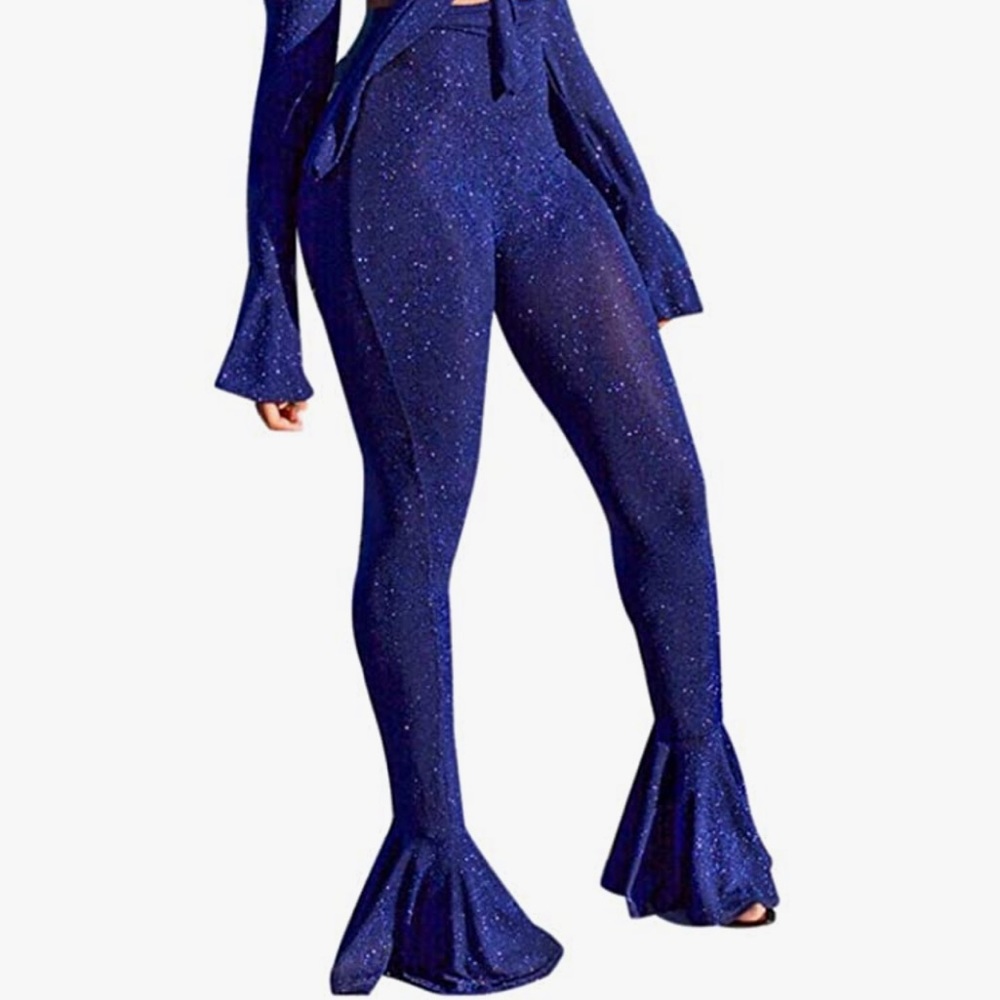 Blue sparkly pants, flare at bottom | Adult Medium